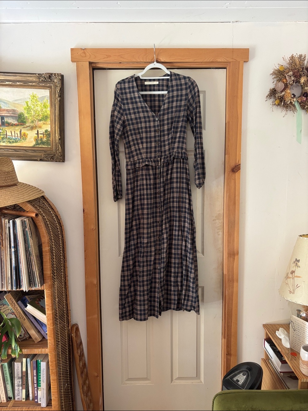 Christy Dawn Plaid V-Neck Maxi Dress in Black & Brown